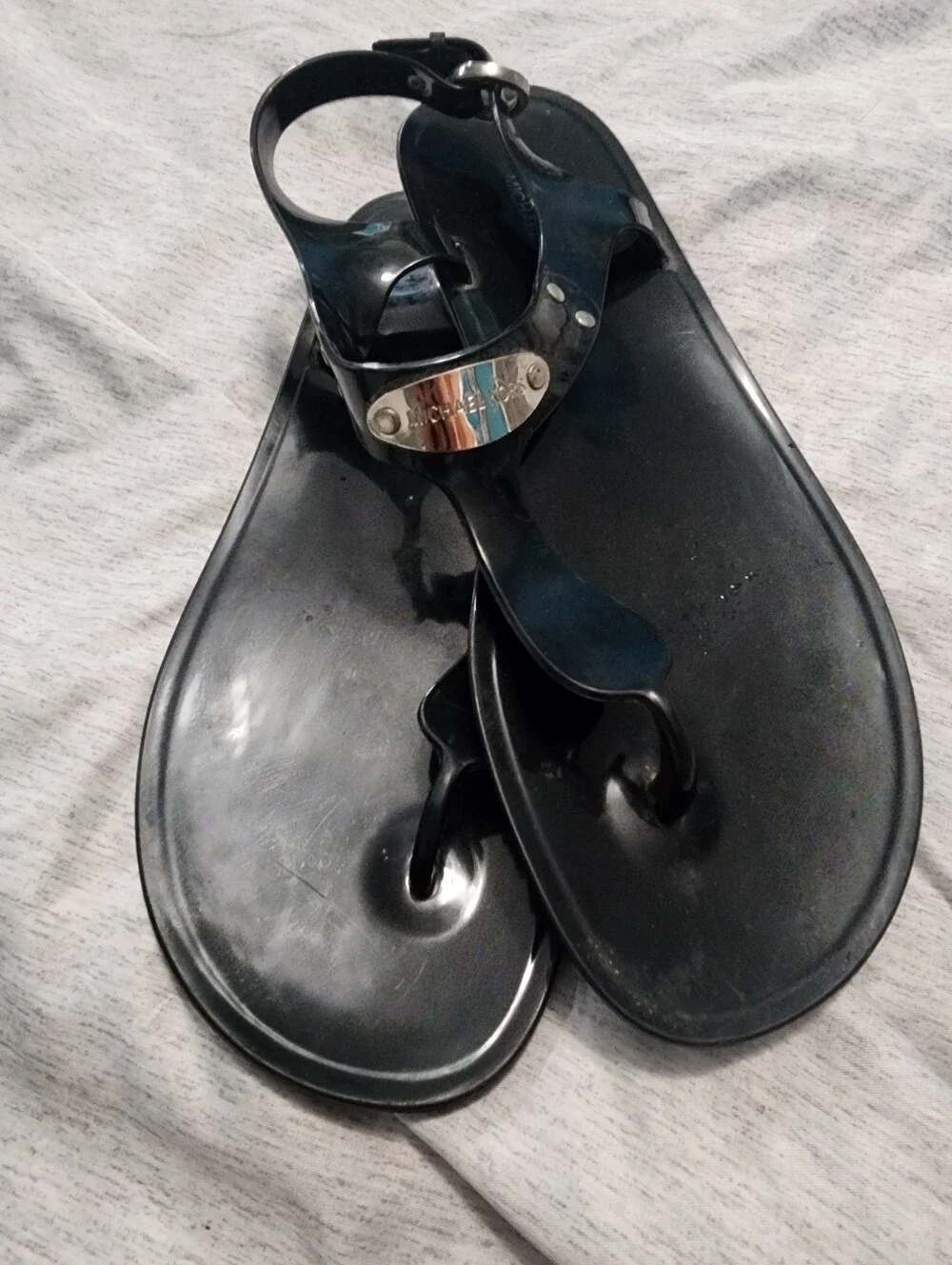 Michael Kors Black Gloss Jelly Toe-Post Sandals with Ankle Strap